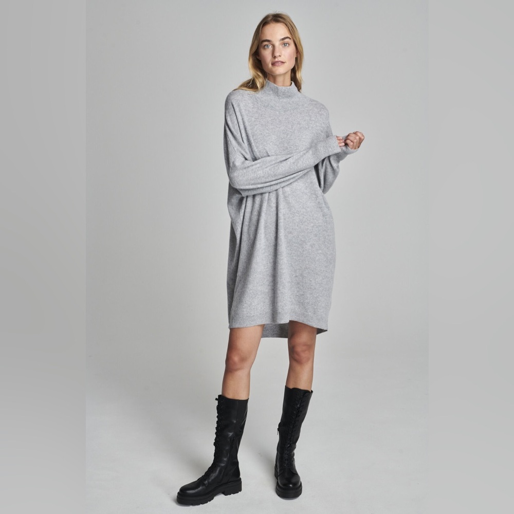 ANISTAR Heather Grey Mock Neck Shift Sweater Dress Tunic Soft Rayon Blend M